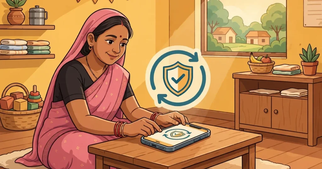 Anganwadi worker resetting her phone MPIN with a refresh symbol