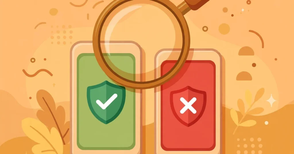 Comparing official vs fake Poshan Tracker app listings with a magnifying glass