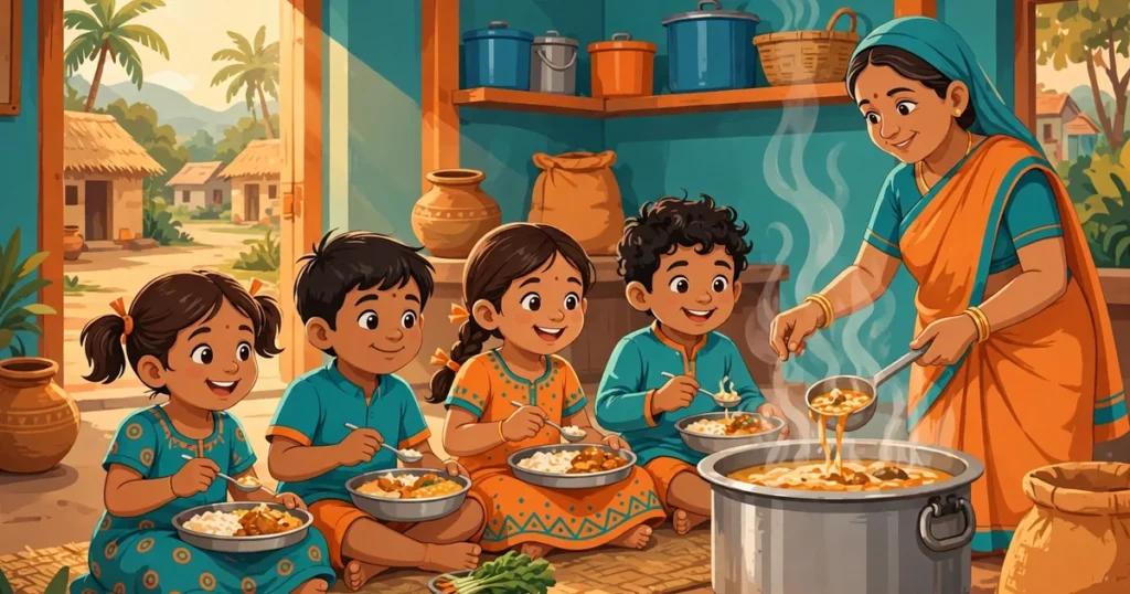 Children eating hot cooked meals at an Anganwadi centre under Poshan 2.0