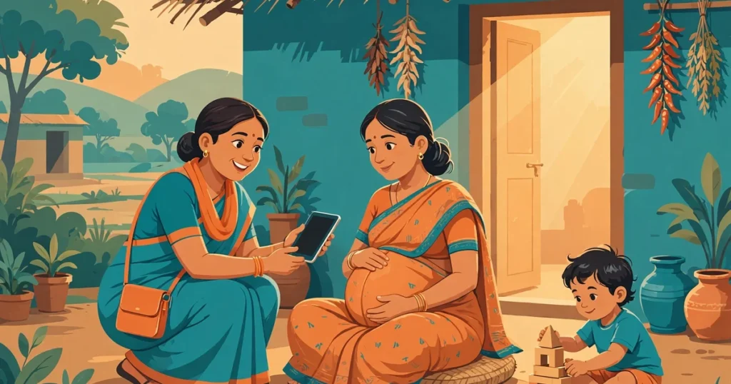 ASHA worker visiting a pregnant woman at home with a digital tablet