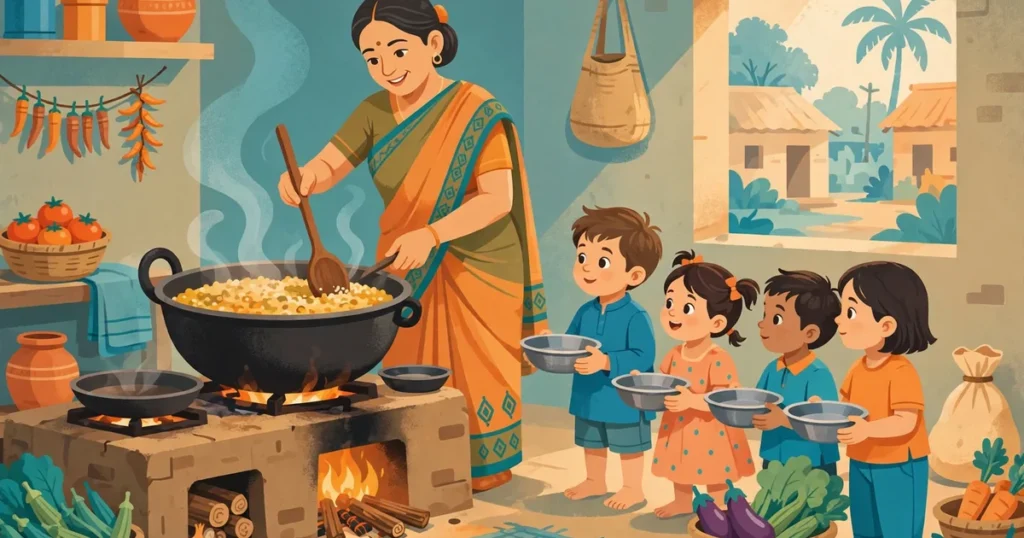 Anganwadi worker cooking khichdi in a large pot at the village centre kitchen