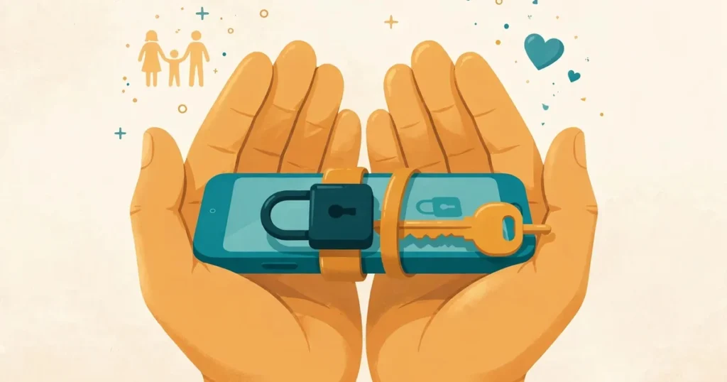 Hands protecting a smartphone with a padlock, symbolizing beneficiary data protection