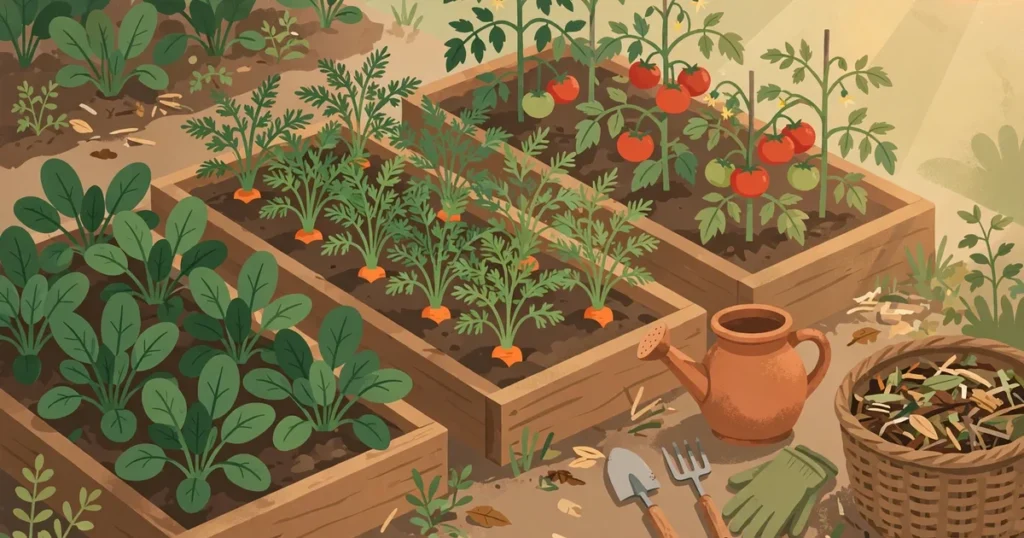 Close view of thriving vegetable beds in a nutrition garden