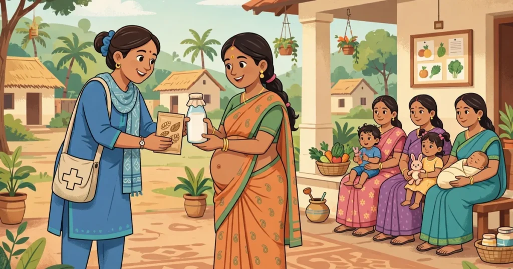 Pregnant woman receiving a take-home nutrition packet at a village centre