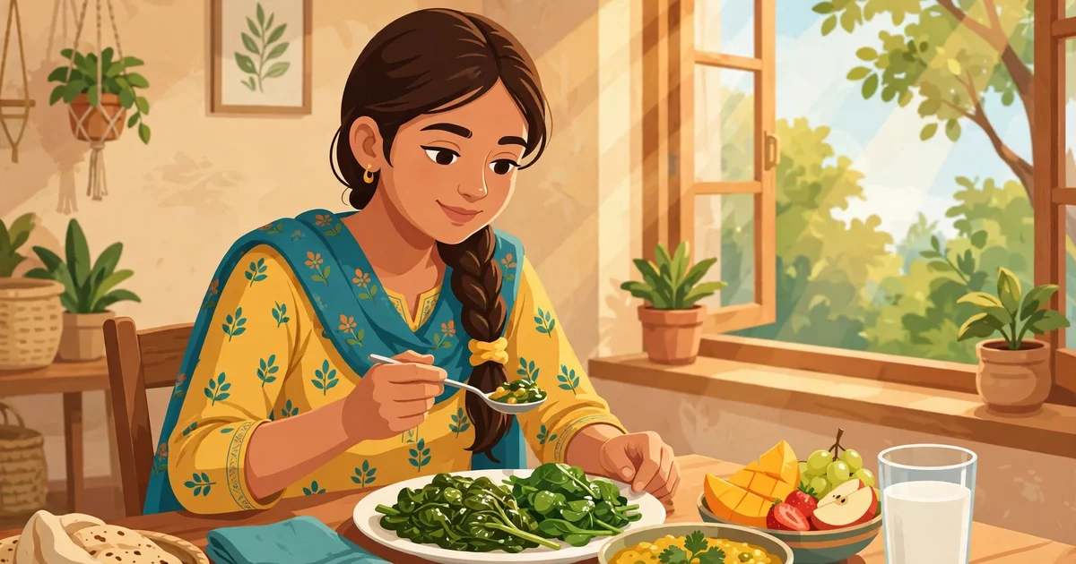 Adolescent girl eating a healthy meal of greens, lentils and fruit