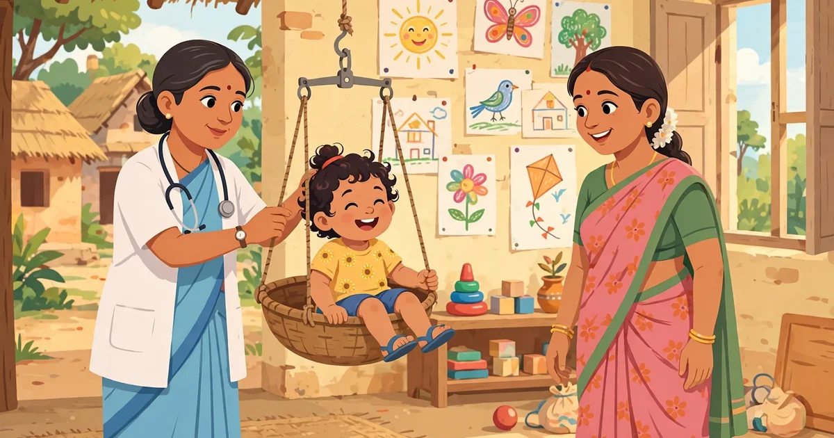 Health worker weighing a happy child at an Anganwadi centre