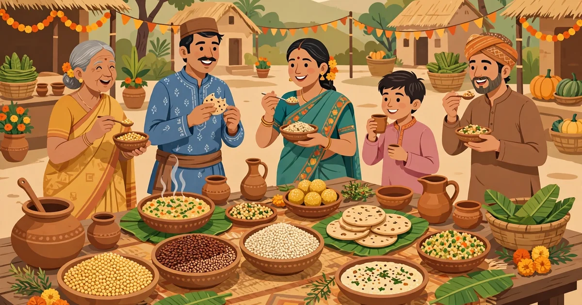 Millet food festival table with bowls of grains and cooked dishes