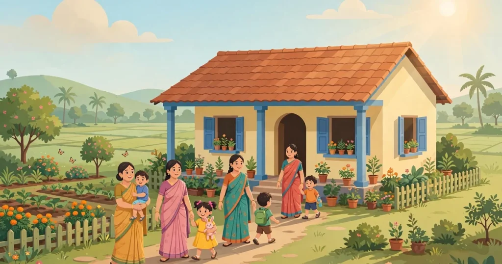 Rural Anganwadi centre building with mothers and children