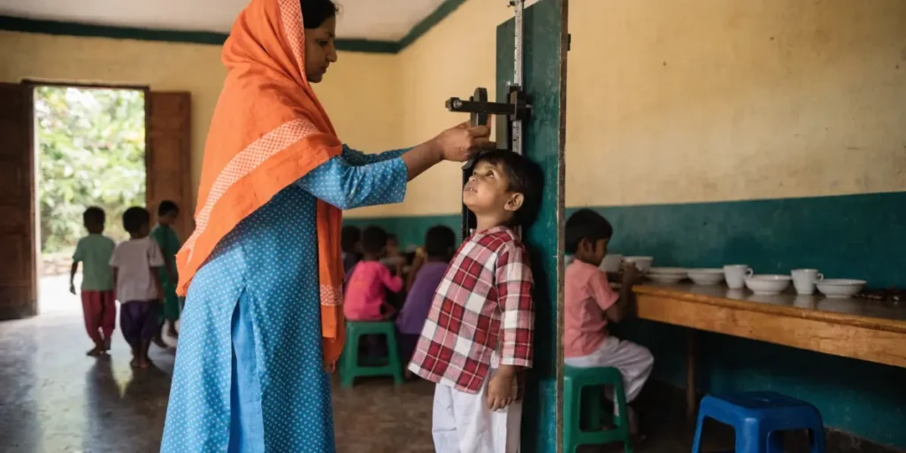 Anganwadi worker measuring a child at a centre