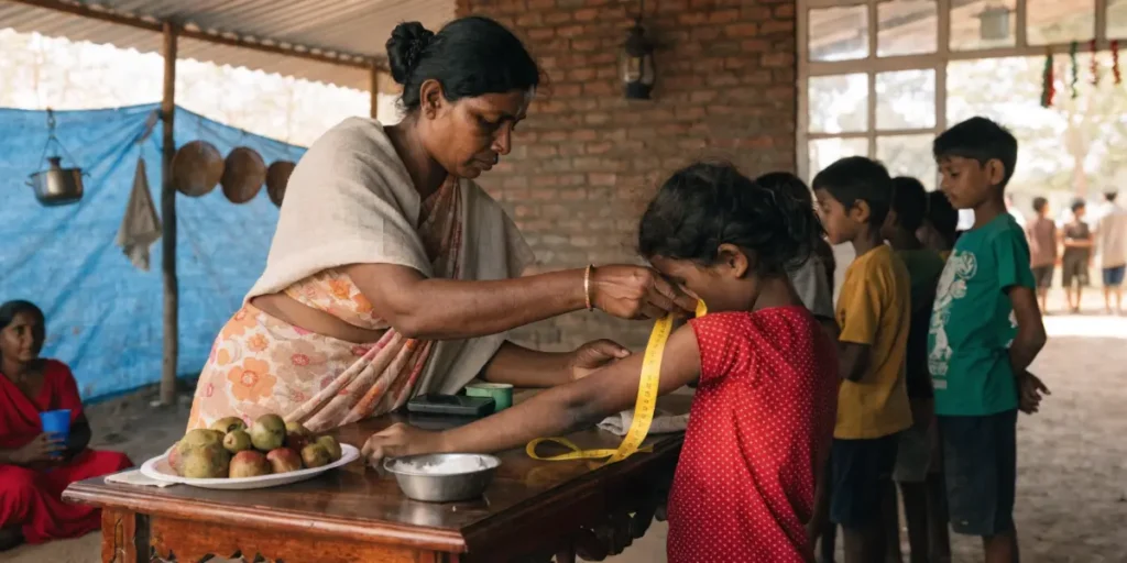 ASHA worker doing a MUAC measurement at a community health camp