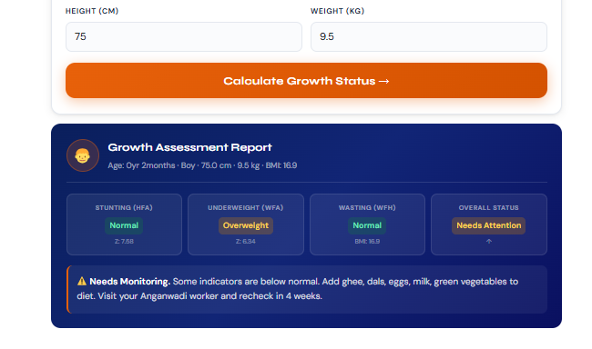 poshan calulator showing results