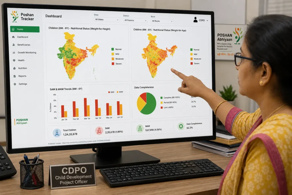 A computer screen displaying the Poshan Tracker web dashboard with colorful heatmaps of India, bar charts showing SAM/MAM trends, and a pie chart of data completeness.