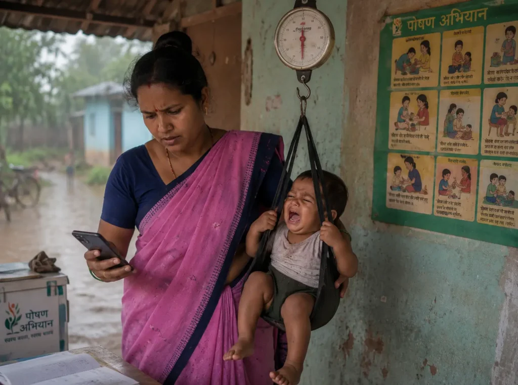 An Anganwadi worker struggling to hold a crying child on a hanging scale