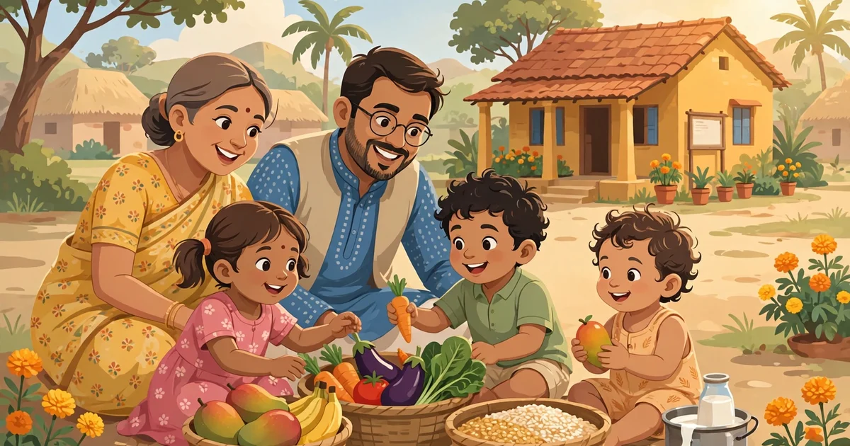 What is Poshan? Complete guide illustration — Indian family with nutritious food and Anganwadi centre