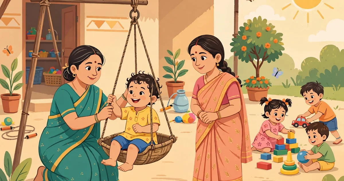 Anganwadi worker weighing a toddler while the mother watches