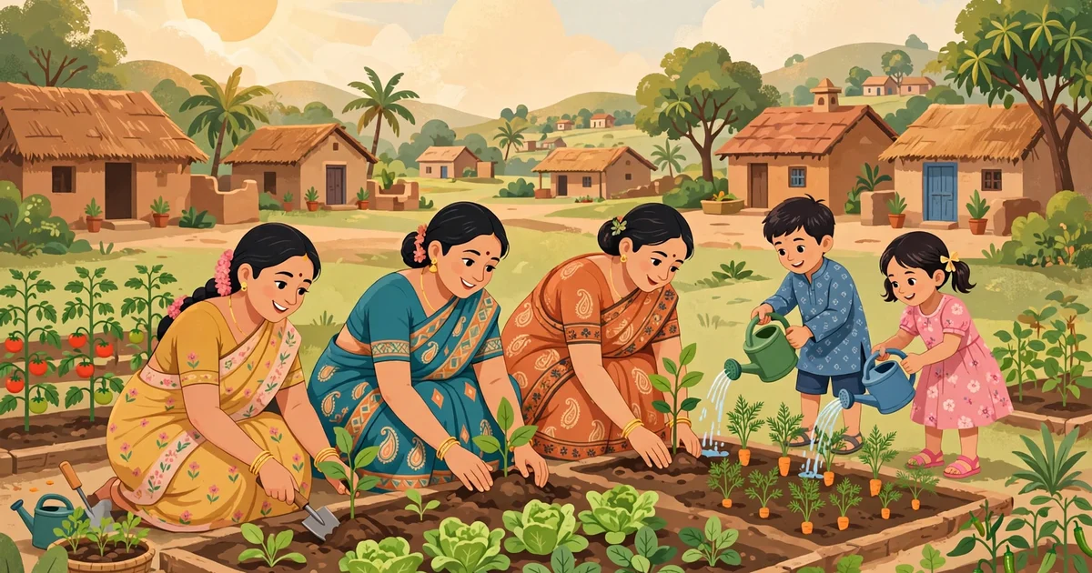 Women and children planting a Poshan Vatika nutrition garden during Poshan Maah