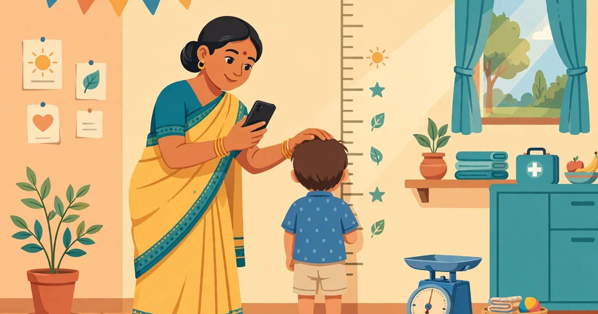Poshan Calculator ICDS guide — Anganwadi worker measuring a child's height with a growth chart