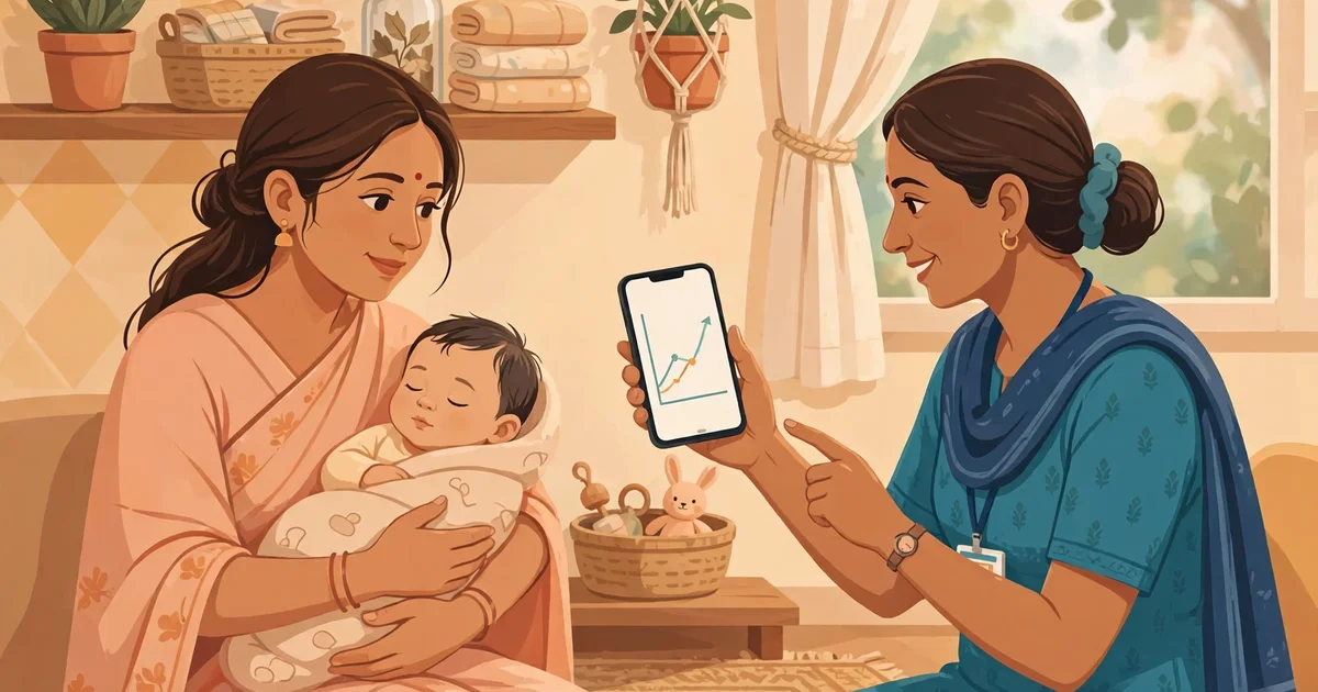 Health worker showing a mother a growth chart on a smartphone