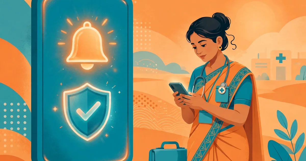 Poshan Tracker OTP Not Received — troubleshooting illustration with smartphone and shield