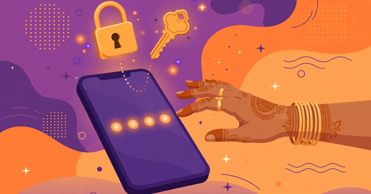 Forgot Poshan Tracker MPIN — reset guide illustration with phone, padlock and key