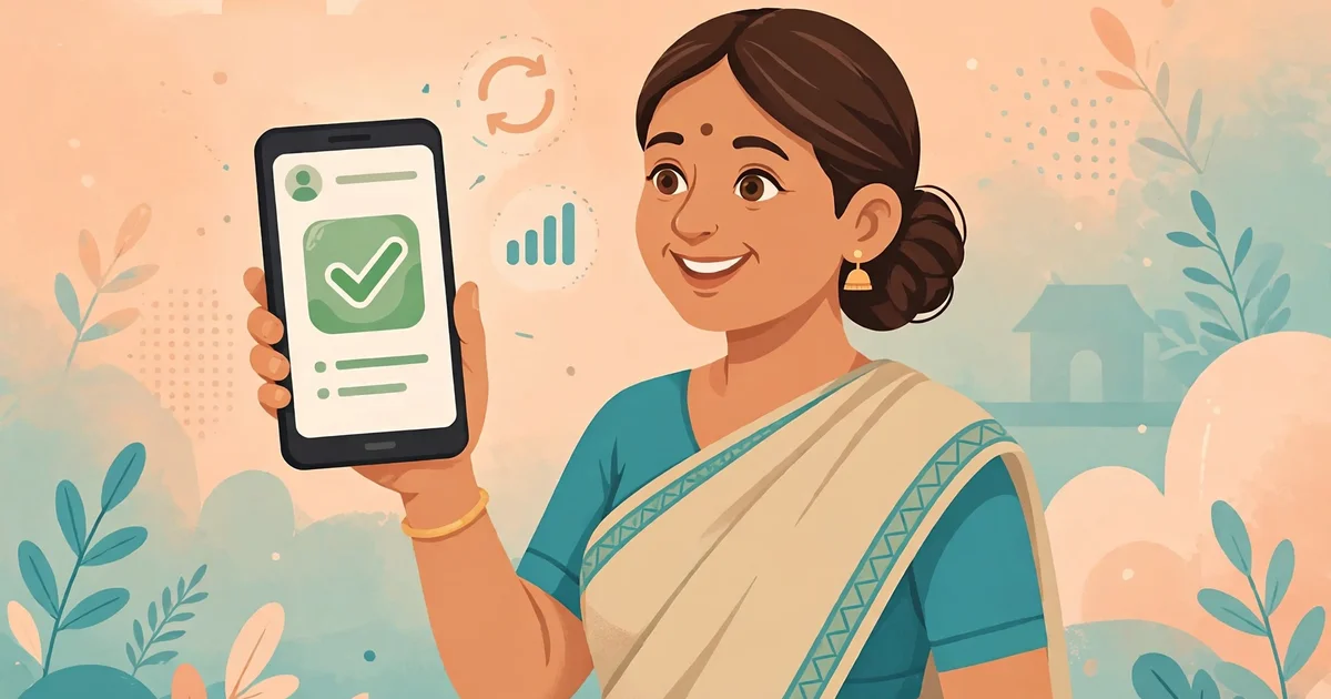 Illustration of an Anganwadi worker fixing Poshan Tracker App Errors on her smartphone