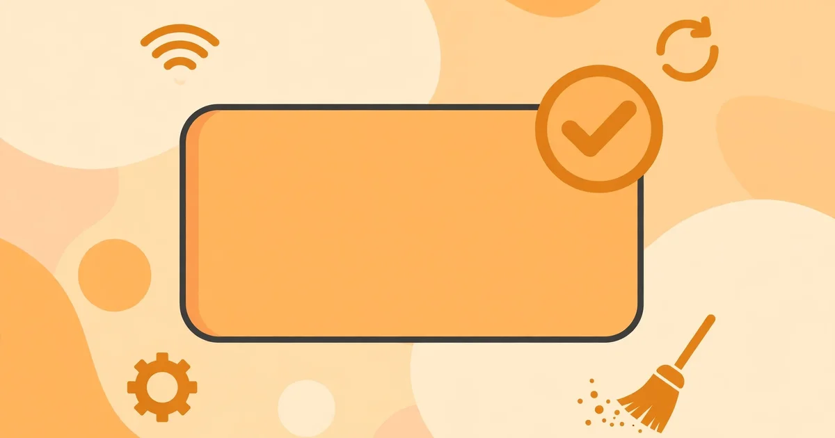 Flat icons showing app troubleshooting steps: signal, refresh, and settings