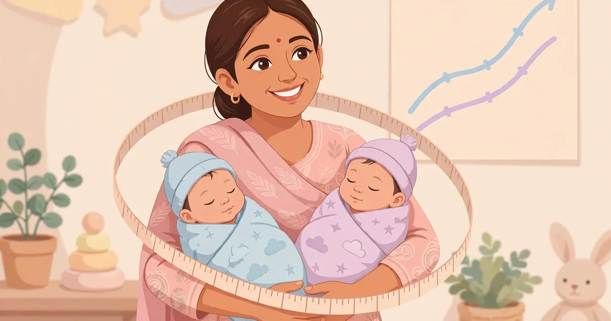 Mother with twin babies beside growth charts - Poshan Calculator for Twins guide
