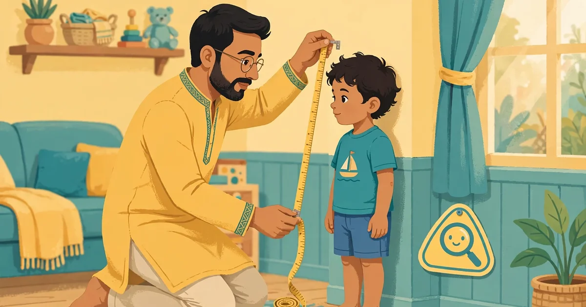 Father measuring child's height correctly, avoiding common Poshan Calculator Mistakes