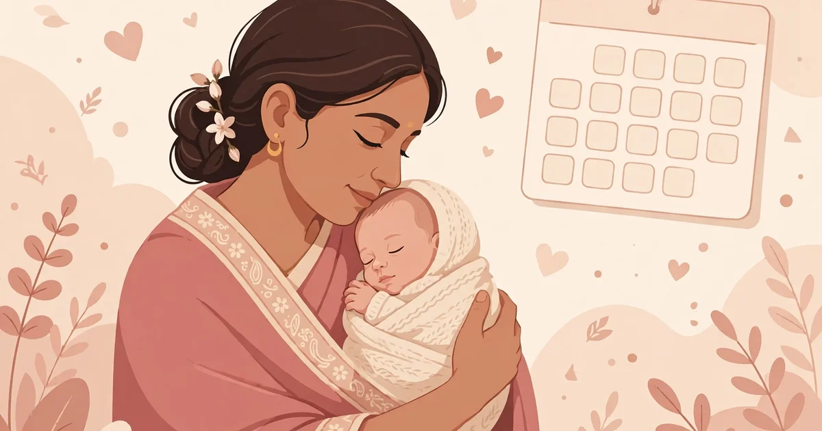 Mother holding premature baby with calendar - Poshan Calculator for Premature Babies guide