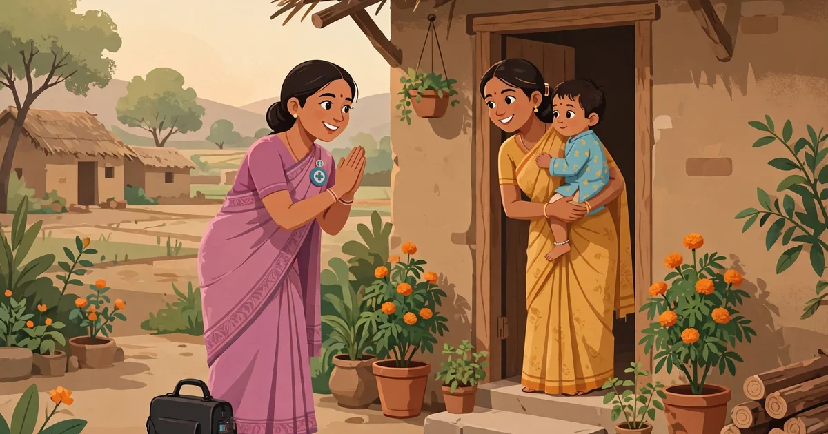 ASHA worker visiting a rural home - Poshan Calculator for ASHA Workers field guide