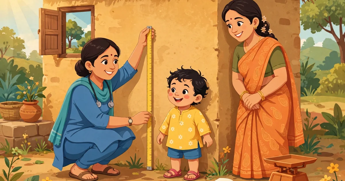 Health worker measuring a toddler's height at a village home