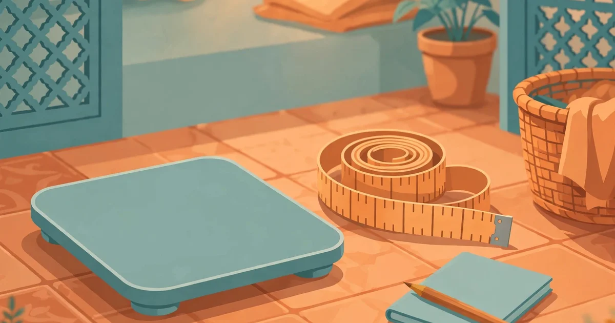 Bathroom weighing scale and measuring tape for monthly home growth checks