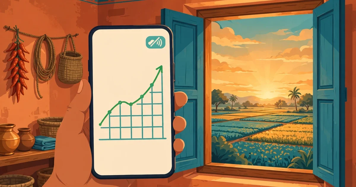 Hand holding a phone showing the Poshan Calculator Offline with a growth chart in a rural home