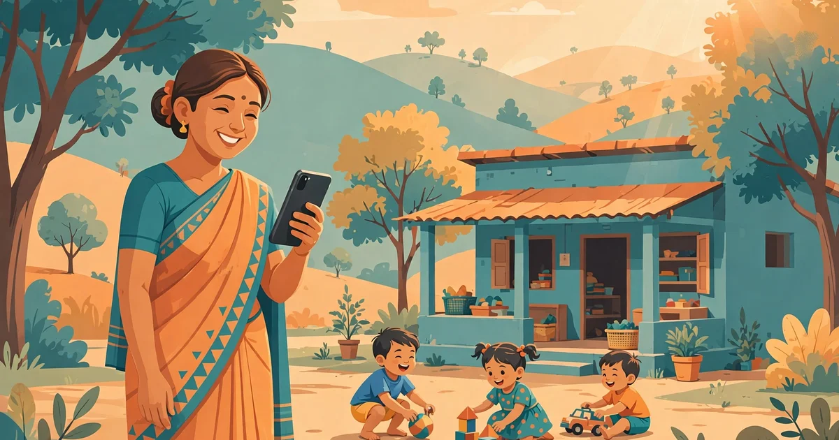Anganwadi worker holding a smartphone while children play outside the village centre