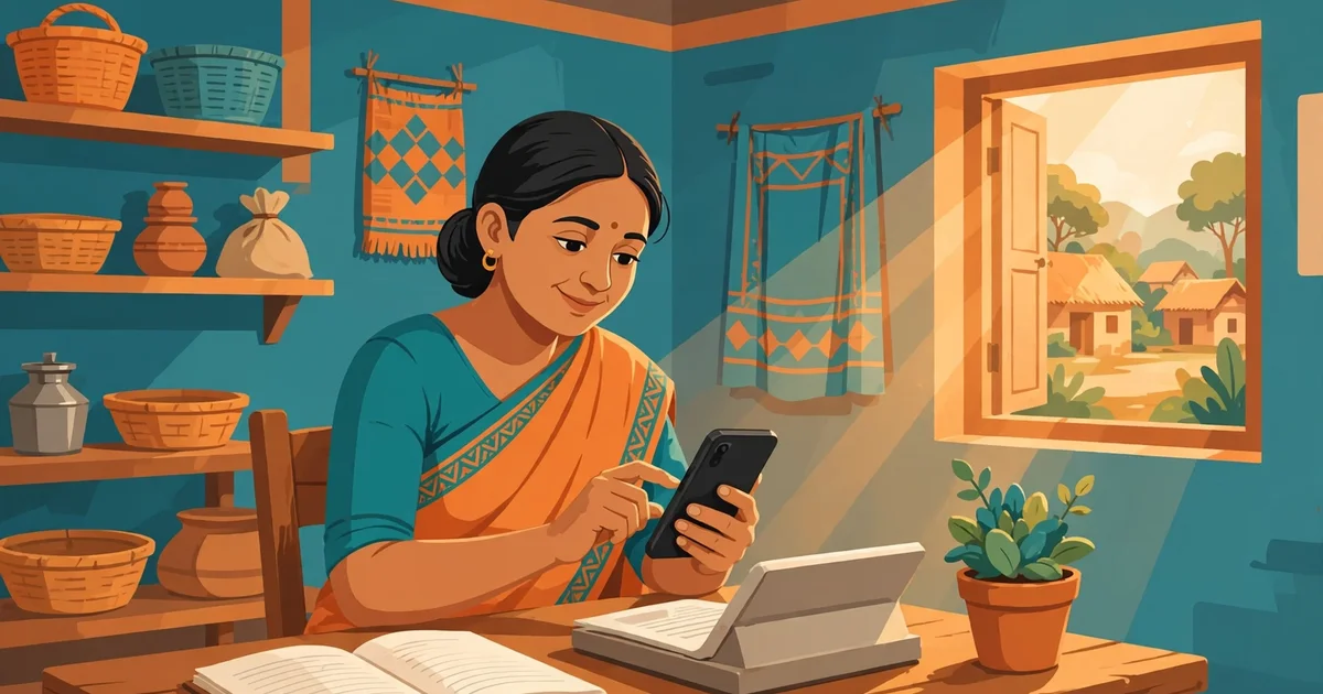 Anganwadi worker entering Poshan Pakhwada Entry data on a smartphone beside her register
