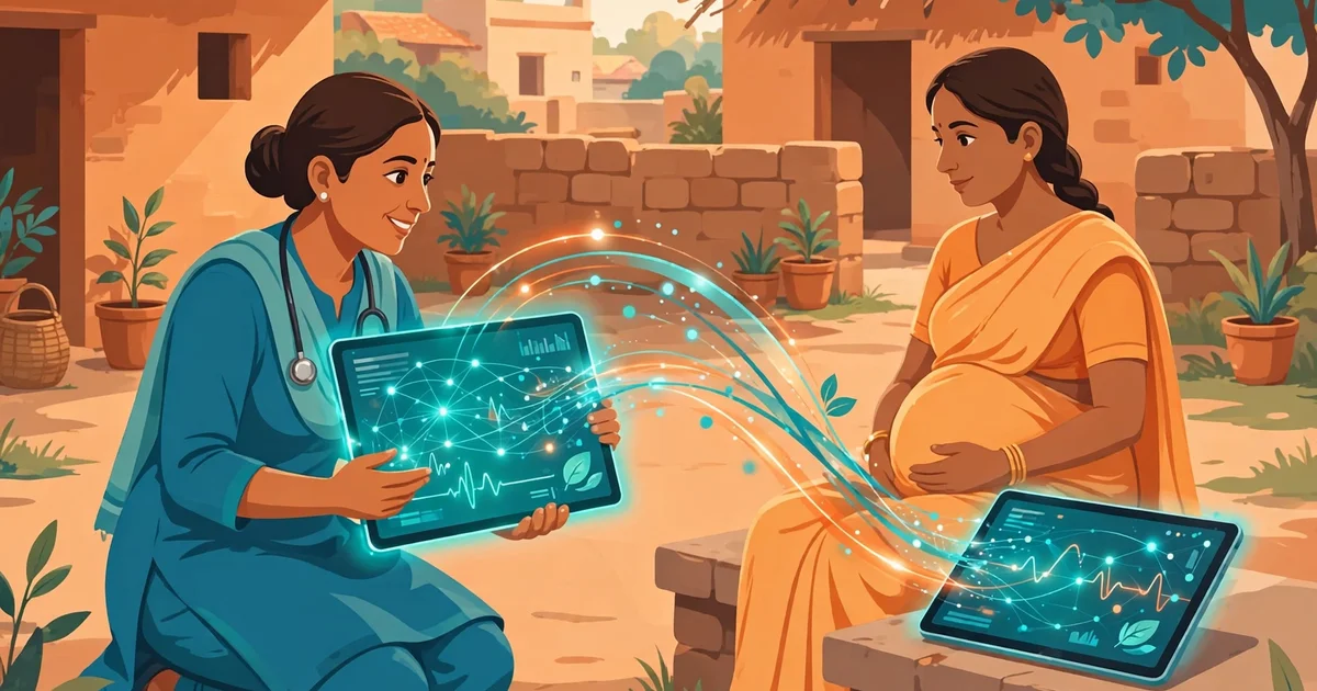 Health worker showing Poshan Tracker RCH Portal linked data on tablets to a pregnant woman