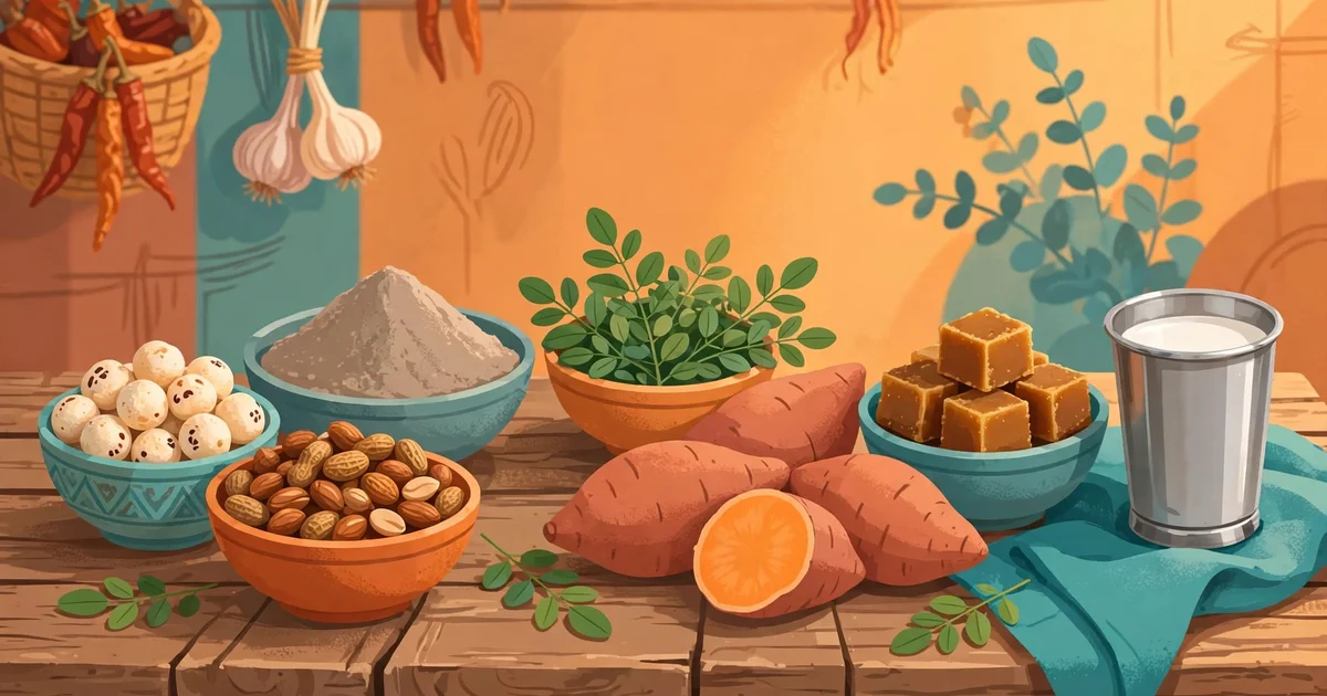 Table of affordable ingredients for Low-Cost Nutritious Recipes: makhana, peanuts, ragi, moringa