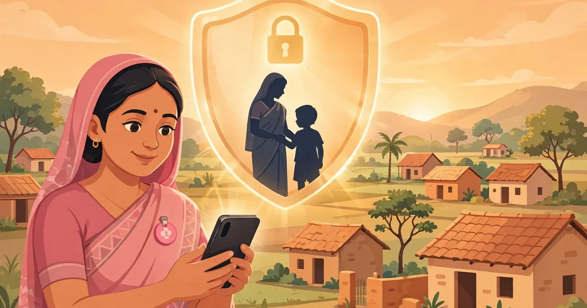 Illustration explaining Poshan Tracker Data Privacy safeguards for Anganwadi workers