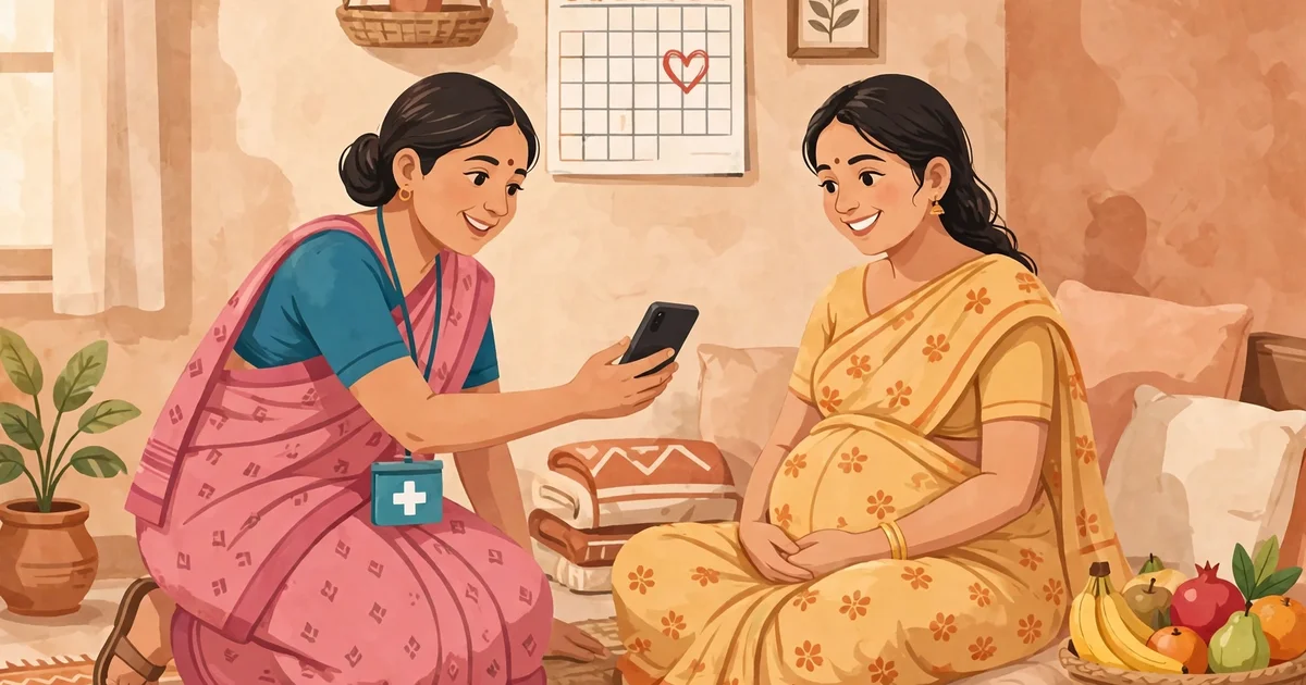 Health worker showing a pregnant woman the Poshan Tracker for Pregnant Women module