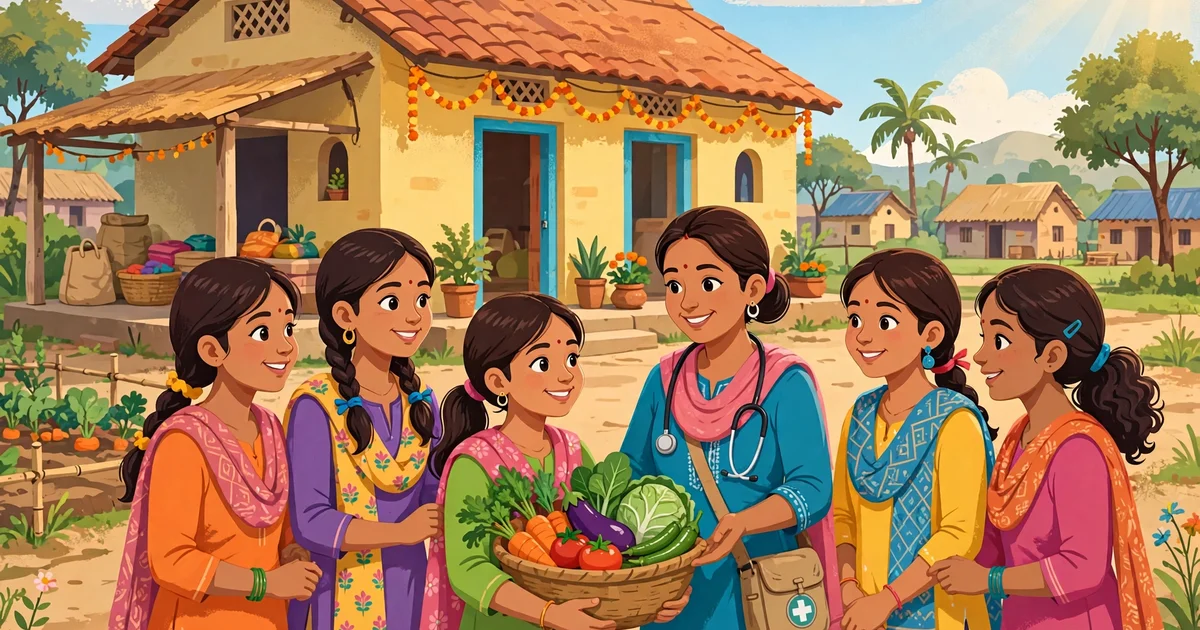 Teenage girls with a health worker illustrating Poshan Tracker Adolescent Girls coverage