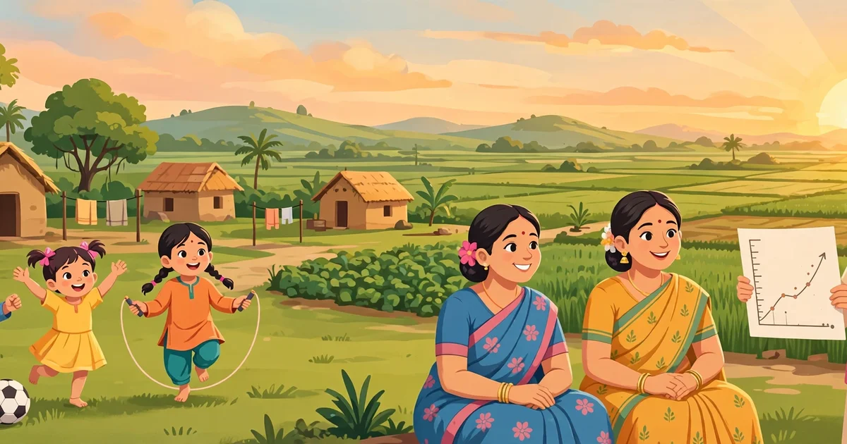 Village sunrise scene celebrating Poshan Abhiyaan Success Stories