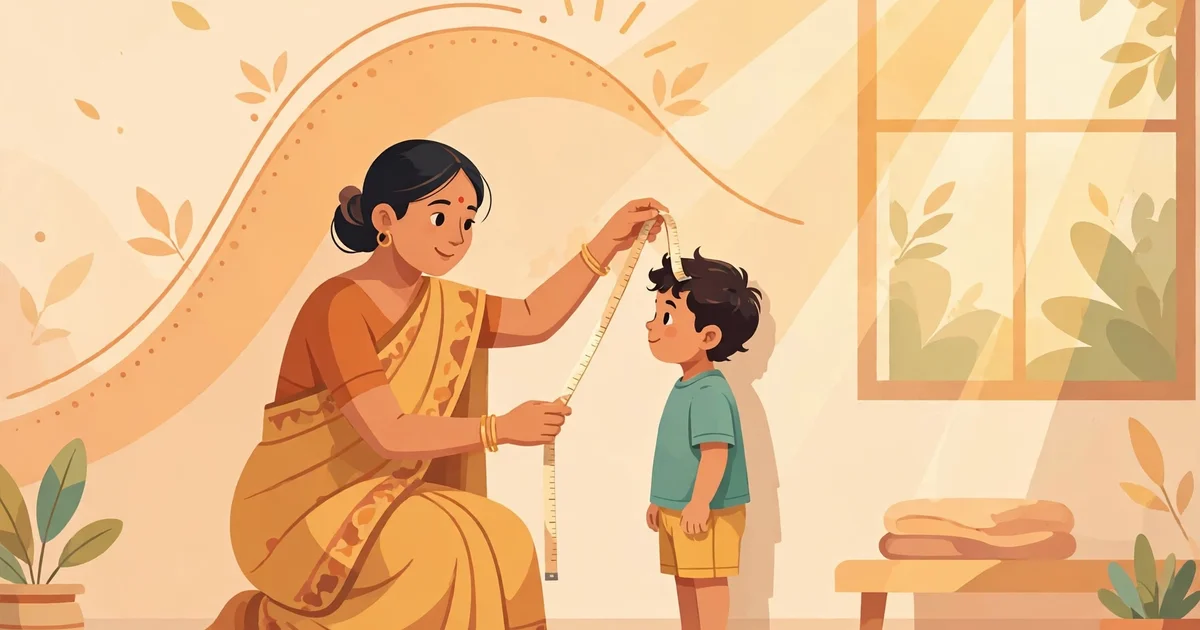 Mother measuring child's height for WHO Z-Score Poshan growth check